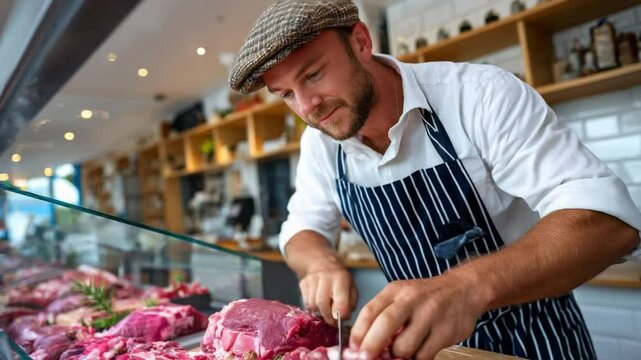 Butcher's Precision: A skilled butcher wearing a traditional cap and striped apron, expertly slices fresh beef with precision in a local shop.