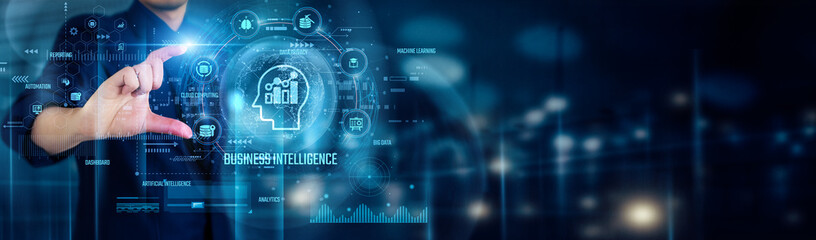 BI. Businessman touching BUSINESS INTELLIGENCE icons analyzes data, monitors performance, uncovers...