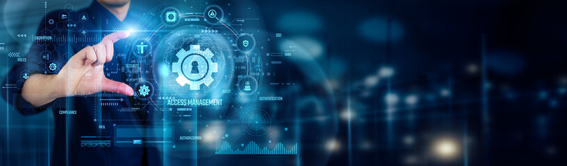 Businessman touching ACCESS MANAGEMENT icons ensures secure authentication, controls user permissions, monitors access logs, enforces policies, and protects sensitive data from unauthorized use.