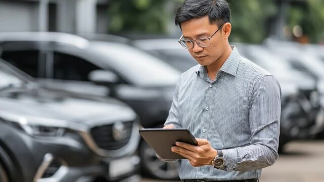 Car Salesman Using Tablet: A focused car salesman uses a tablet to review details, standing amidst a row of vehicles in a parking lot.  The image conveys efficiency, professionalism.