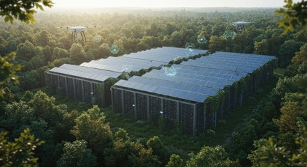 Sustainable data center nestled within a lush forest.  Solar panels power a network of server structures