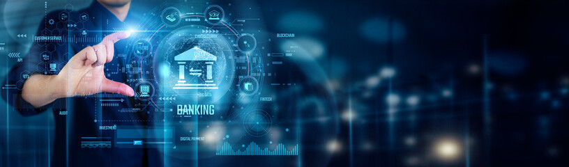 Businessman touching BANKING icons: digital transactions, secure payments, online accounts, mobile banking, financial services, loan approvals, investment management, customer support.