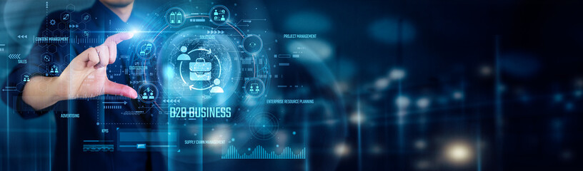Businessman touching B2B BUSINESS icons highlights seamless digital connections, strategic partnerships, efficient supply chains, innovative solutions, growth opportunities driving industry success.