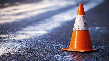 A wet orange traffic cone on a wet road with white stripes.