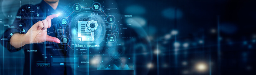 Businessman touching DOCUMENT MANAGEMENT icons streamlines workflow, ensures secure storage, enables easy retrieval, improves collaboration, and enhances overall business efficiency and productivity.