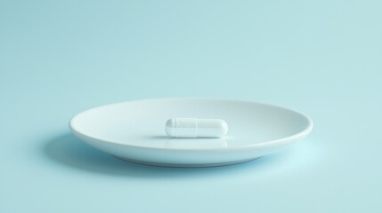 A white plate with a white pill on it, placed on a light blue background.