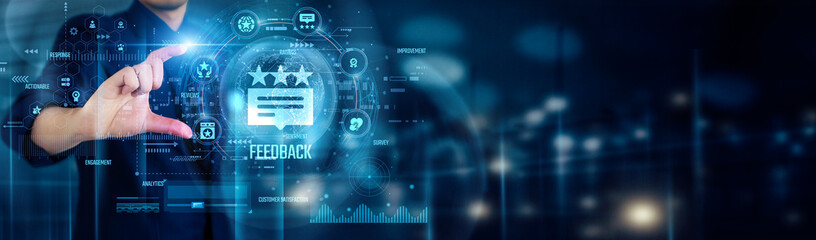 Businessman touching FEEDBACK icons to analyze customer reviews, improve service quality, and enhance user satisfaction based on valuable insights and suggestions.