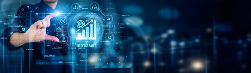Businessman touching INCREASE SALES icons symbolizes strategic growth, customer engagement, marketing innovation, and revenue boost to expand market reach and maximize profits efficiently.