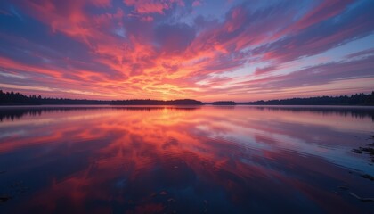 Fototapeta premium Fiery Sunset Reflection on Calm Lake Dreamy Landscape Photography