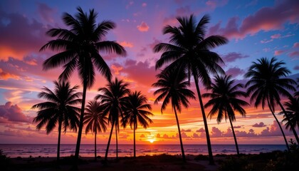Vibrant Tropical Sunset Silhouetted Palm Trees Against a Fiery Orange and Pink Sky Over Calm Ocean Waters