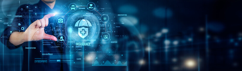 Businessman touching INSURANCE icons highlights risk management, financial protection, policy options, claim support, and secure investments for future stability and peace of mind.
