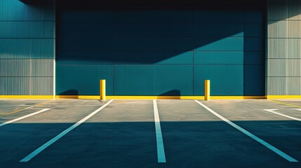 A blue and white parking lot with yellow poles and lines