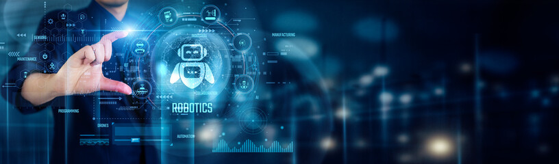 Businessman touching ROBOTICS icons explores automation, innovation, efficiency, technology integration, smart manufacturing, AI-driven processes, and future industrial transformation.