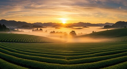 Sunrise over terraced tea fields