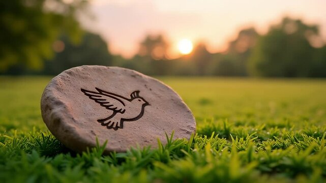 Weathered Clay Tablet Dove Etching Dawn Grass Ancient Artifact Pink Sky Sunrise Symbol Peace