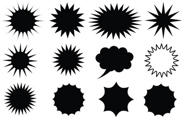 Assortment of black burst shapes and speech bubbles isolated on white background