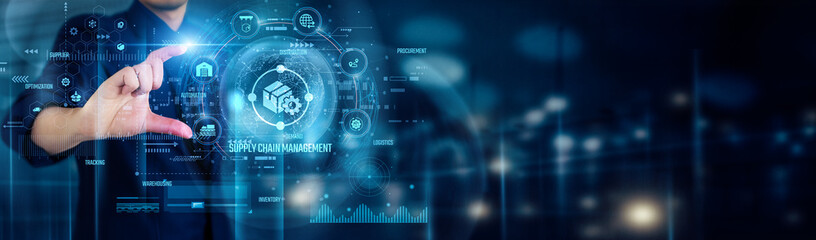 Businessman touching SUPPLY CHAIN MANAGEMENT icons plans, sources, produces, delivers, and manages returns to optimize processes, reduce costs, and ensure smooth flow from supplier to customer.