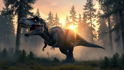 A majestic Tyrannosaurus Rex prowls through a lush forest at sunset - Powered by Adobe