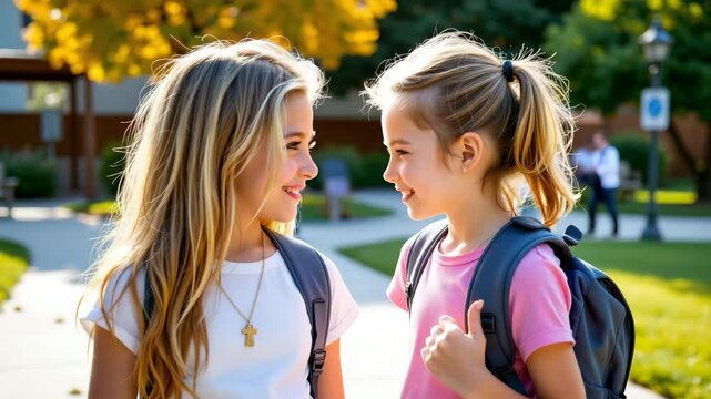 Two young girls with backpacks smiling and touching foreheads outside on a sunny day, showing friendship and happiness.