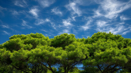 Obraz premium Green Trees Canopy Against Blue Sky With Clouds