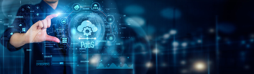 PaaS. Businessman touching PLATFORM AS A SERVICE icons uses cloud-based tools to develop, deploy, and manage applications quickly without handling infrastructure, faster innovation and scalability.