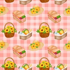 Seamless pattern with summer picnic and  on pastel Red