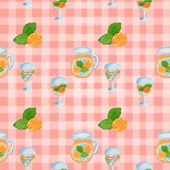 Seamless pattern with summer picnic and  on pastel Red
