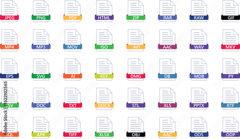 Poster various file type icons on documents with colorful ribbons for digital data representation