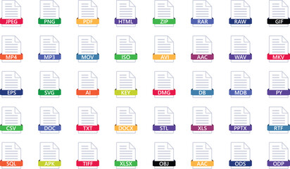 Various file type icons on documents with colorful ribbons for digital data representation