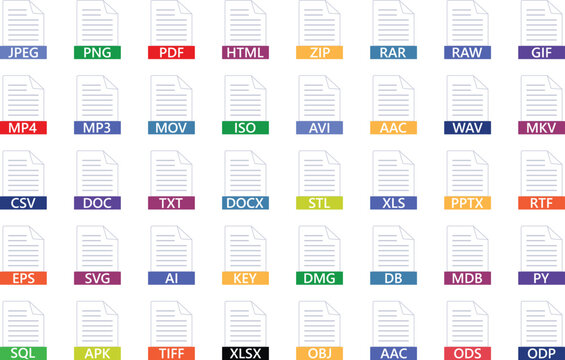 Various file formats with colorful labels representing digital document types and data.