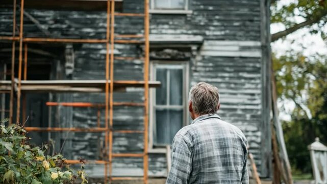 The House's Guardian: An individual, standing before an aged house, embodies a dedication to restoration and renewal. The image tells a story of revitalization, commitment.