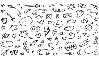 Hand drawn doodle elements collection for design projects embellishments and decorative accessories in black and white simple line art style