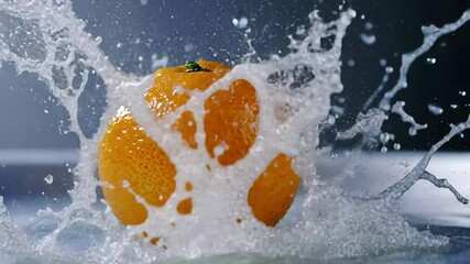 Fresh juicy orange splashes into clear water creating vibrant droplets and ripples, Fresh water splash on a fresh juicy orange Shot on super slow motion camera 1000 fps - Powered by Adobe