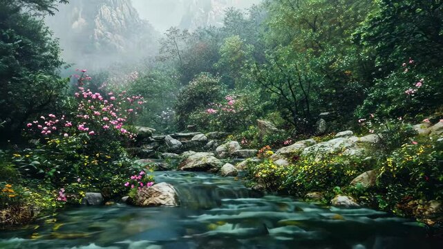 Lush green landscape featuring a serene pond surrounded by vibrant flowers and misty mountains, Megaphone speaker Minimal cartoon 3D