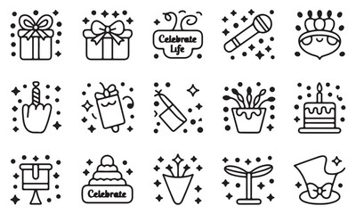 Vector illustrations of party and celebration icons featuring gifts, fireworks, microphone, cake, and decorative elements in a doodle style