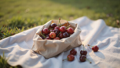 Bag of cherries on blanket in sunlight on grass outdoors  