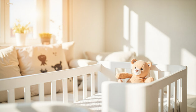 Cozy nursery with co-sleeper crib and teddy bear in sunlight  