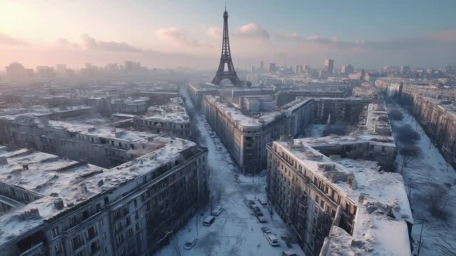 Stunning Winter Aerial View of Paris with Eiffel Tower and Snow