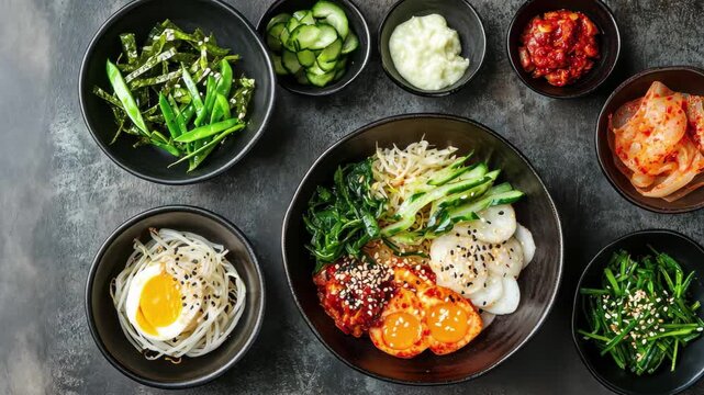 Fusion of traditional Korean ingredients served in stylish bowls highlighting vibrant flavors and textures, A fusion of traditional Korean ingredients in a modern, instant form