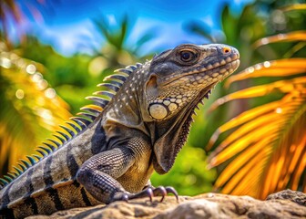 Naklejka premium Cancun's Riviera Maya: A wild Black Spiny-Tailed Iguana captured in stunning reptile photography.
