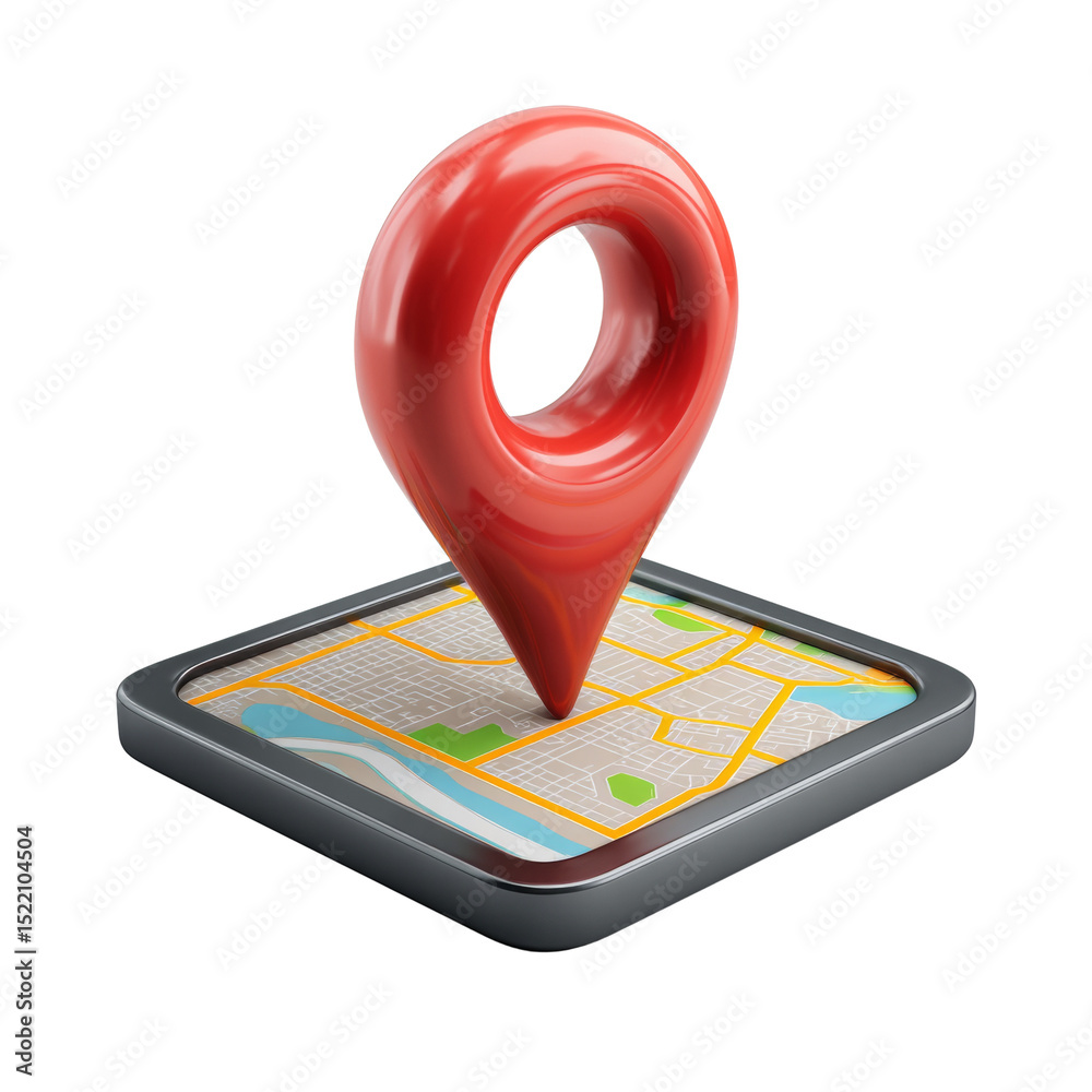 Poster Detailed 3D Rendering of a Modern Location Pin Icon on a Stylized Map