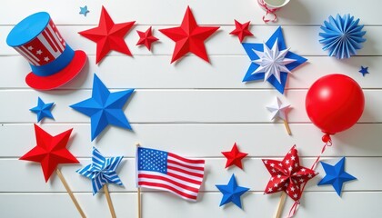 Obraz premium Festive red, white, and blue decorations including stars, balloons, and a flag on a white background.