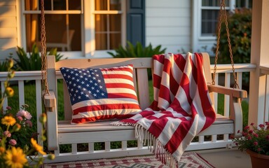 Cozy porch swing adorned with American flag decor and a vibrant blanket.