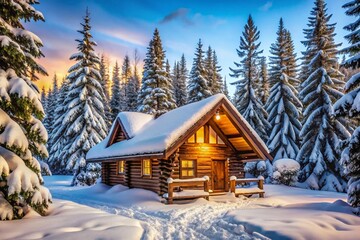 Naklejka premium A log cabin in the woods with a fireplace and a porch