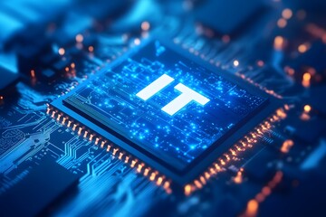 Digital icon of information technology or circuit board with the text "IT" in the center on a blue background, 