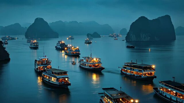 Beautiful Halong Bay in Vietnam with illuminated boats during twilight hours, Halong Bay Vietnam landscape timelapse panoramic view of boats harbor traffic