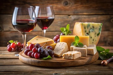 A wooden tray with a glass of red wine, a wedge of cheese, and a bowl of grapes