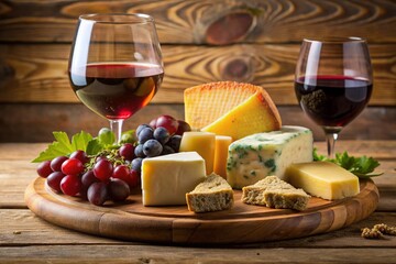 A wooden tray with a glass of red wine, a wedge of cheese, and a bowl of grapes