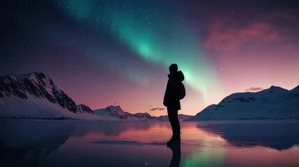 Obraz premium A person watching the aurora borealis over snowy landscapes