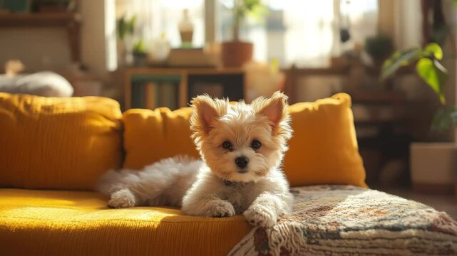 Puppy laying on cozy blanket looking at camera